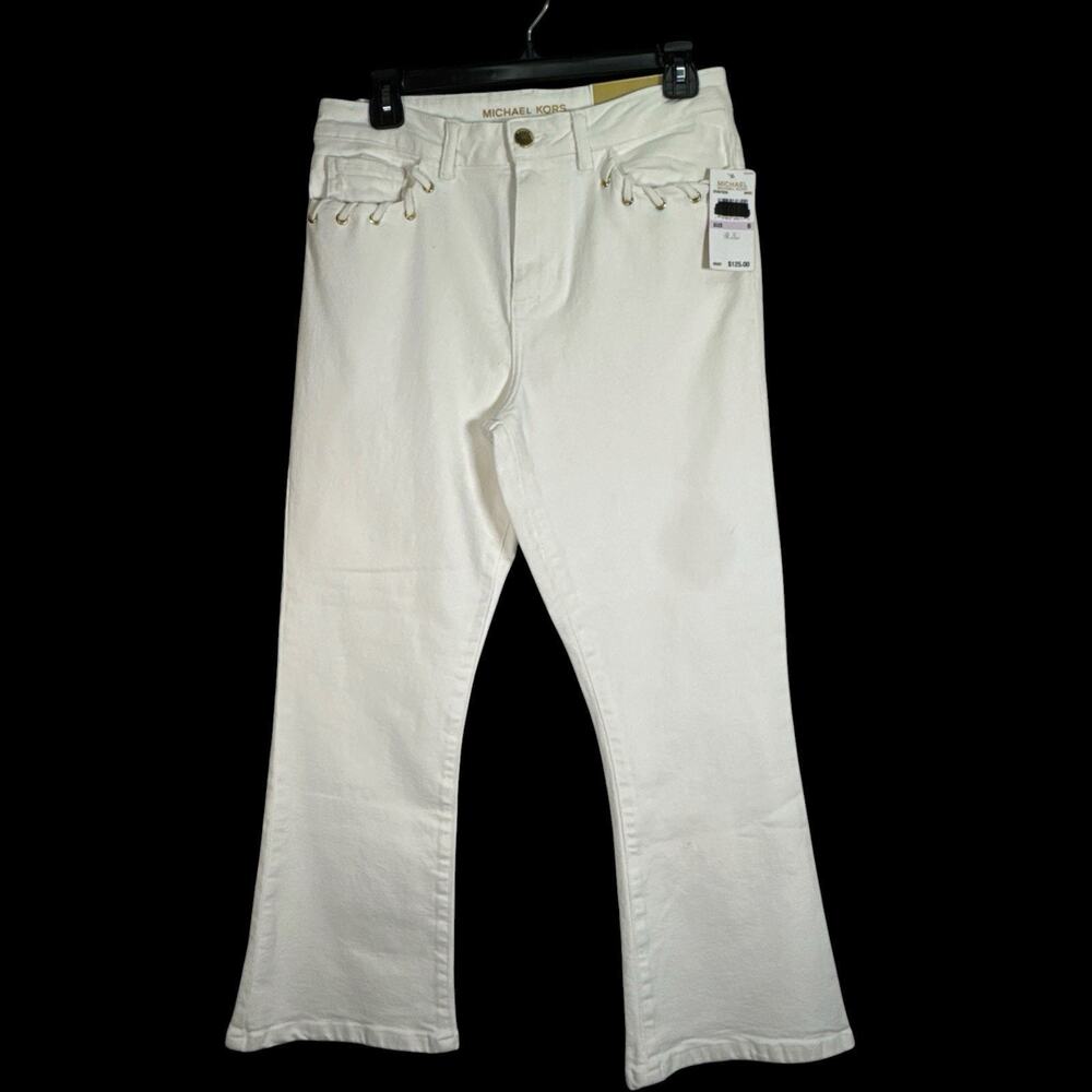 NWT $125 Michael Kors White Selma Flared Jeans Whipstitch Pockets - Sz 6